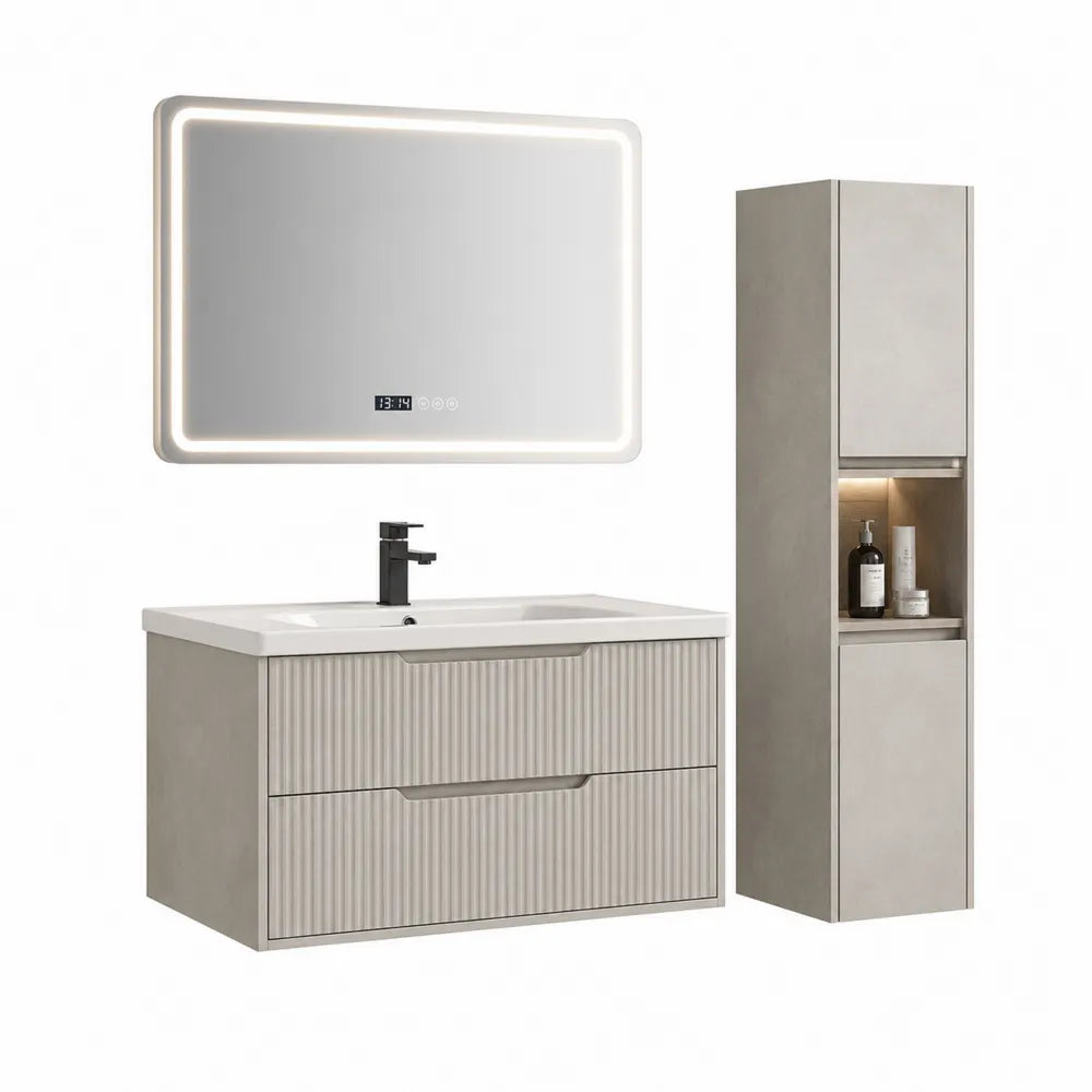 Badmöbel Set mit Waschtischunterschrank Spiegel Hochschrank MDF Keramik Beige Weiß 120 x 45 x 180 cm