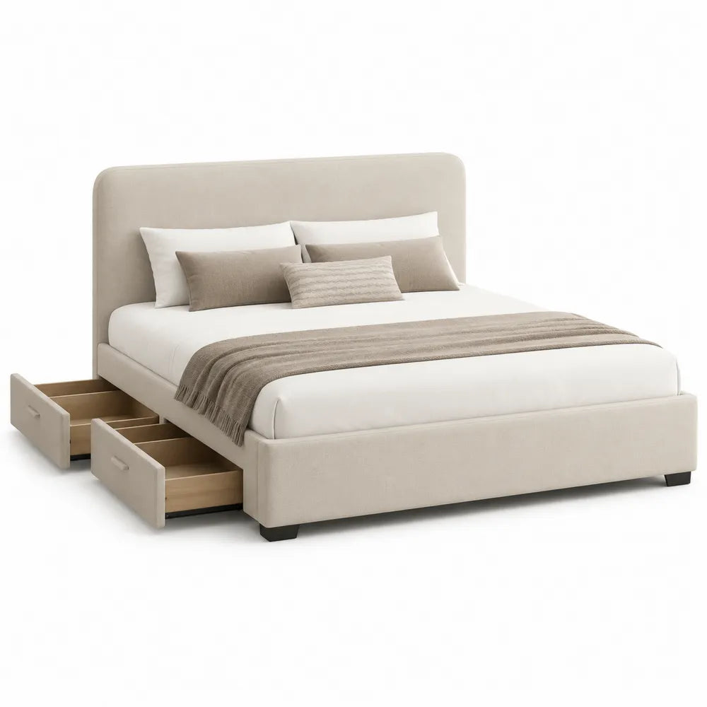 Polsterbett Doppelbett mit Schubladen gepolstertem Kopfteil Polyesterbezug Beige 180 x 200 cm