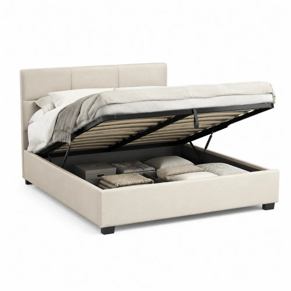 Stauraumbett Polsterbett mit Bettkasten Kopfteil Stoffbezug MDF Rahmen Beige Doppelbett 180 x 200 cm