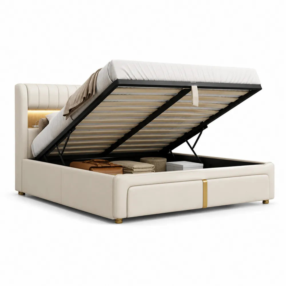 Stauraumbett Polsterbett mit Bettkasten PU Kunstleder Kopfteil Beige Doppelbett 160 x 200 cm
