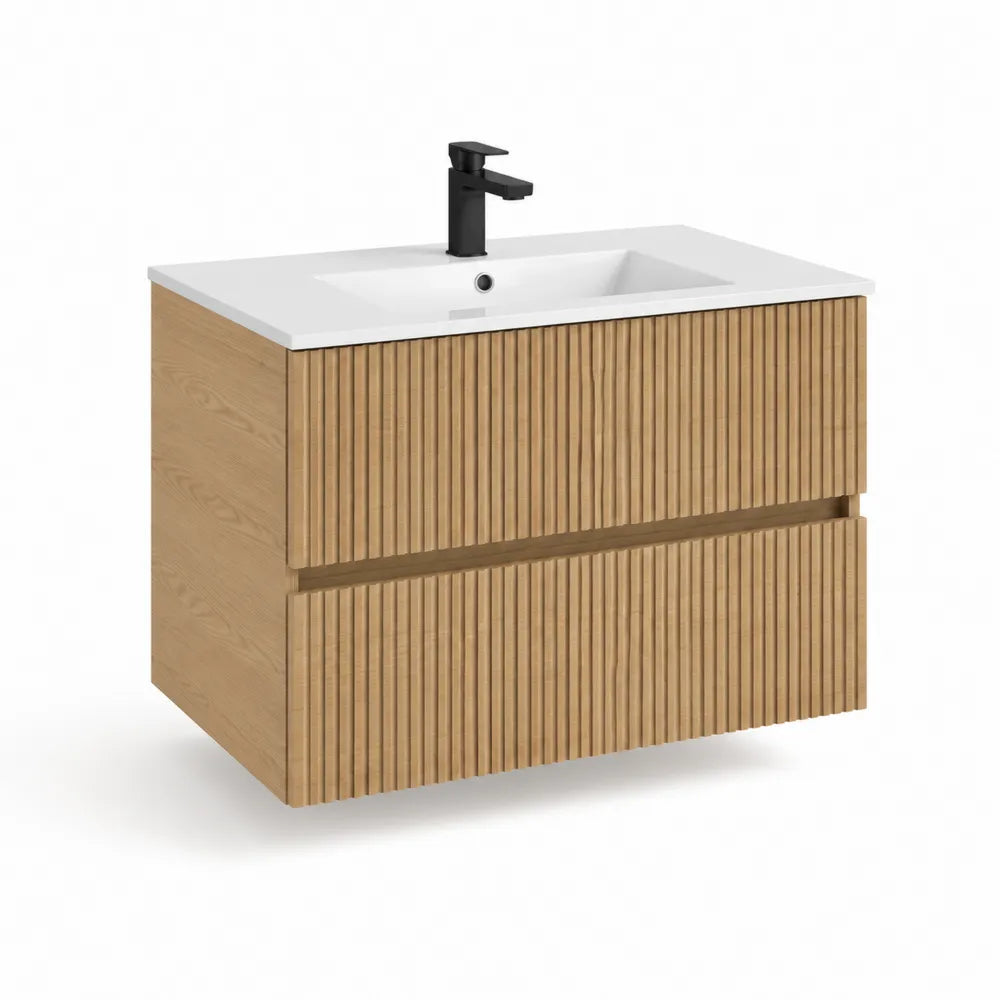 Waschtischunterschrank mit Waschbecken MDF Rillenfront Eiche Natur Weiß Rechteckig 100 x 45 x 60 cm