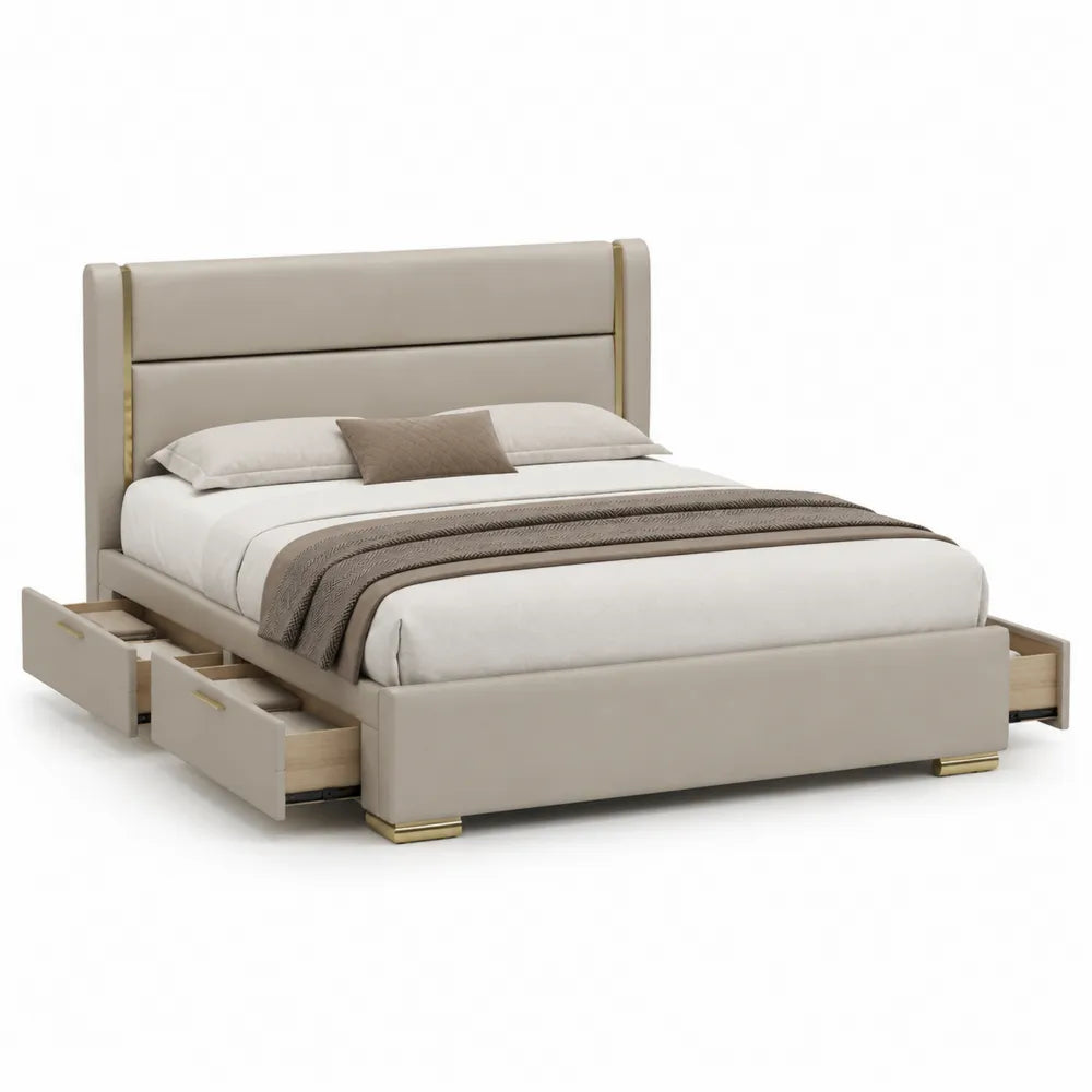 Stauraumbett Polsterbett mit 4 Schubladen Polyesterbezug Kopfteil Beige Gold 160 x 200 cm