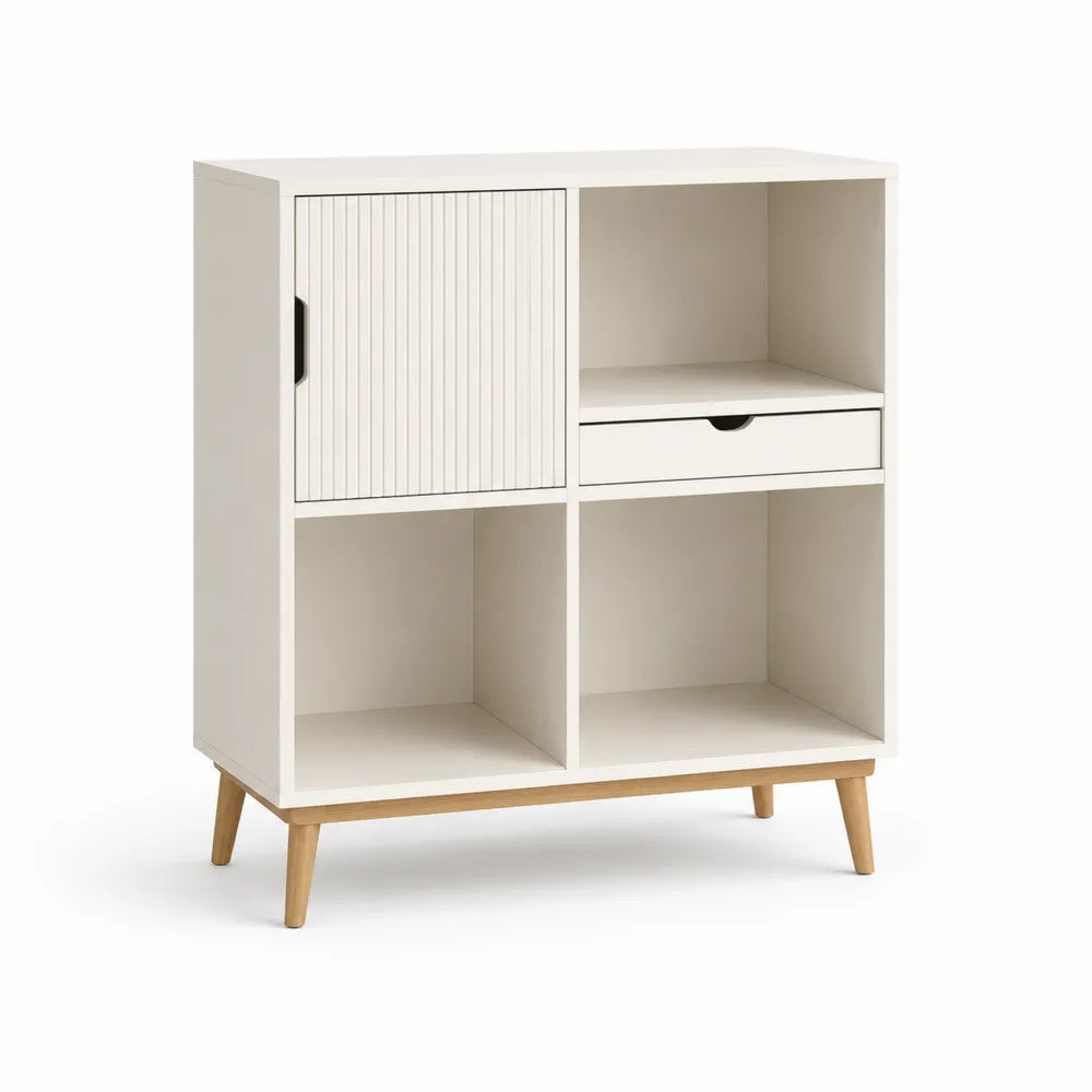 Aufbewahrungsschrank mit Tür Schublade und Ablagen MDF Weiß Natur Holzfüße 80 x 35 x 100 cm