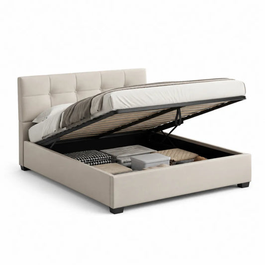 Stauraumbett Polsterbett mit Bettkasten Kopfteil Stoffbezug Beige Doppelbett 180 x 200 cm