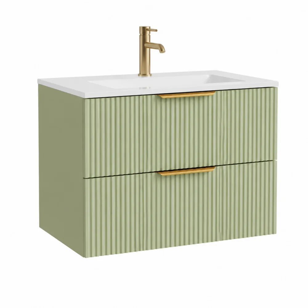 Waschtischunterschrank mit Waschbecken MDF geriffelte Fronten Salbeigrün Weiß 100 x 45 x 55 cm