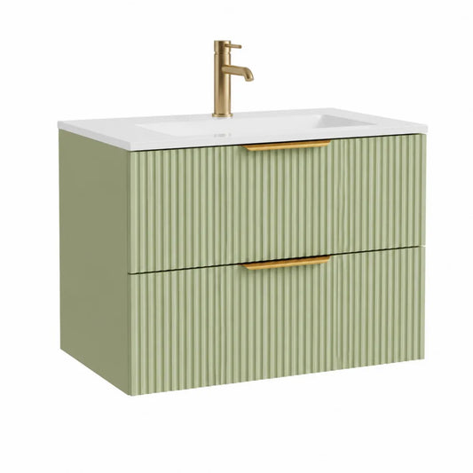 Waschtischunterschrank mit Waschbecken MDF geriffelte Fronten Salbeigrün Weiß 100 x 45 x 55 cm