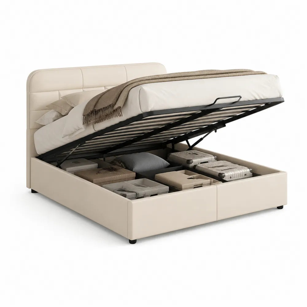 Stauraumbett Polsterbett mit Bettkasten PU Kunstleder Kopfteil Beige 160 x 200 cm