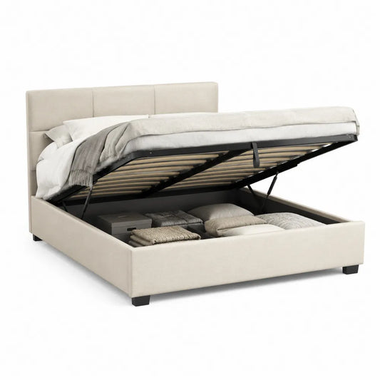 Stauraumbett Polsterbett mit Bettkasten Kopfteil Stoffbezug MDF Rahmen Beige Doppelbett 180 x 200 cm