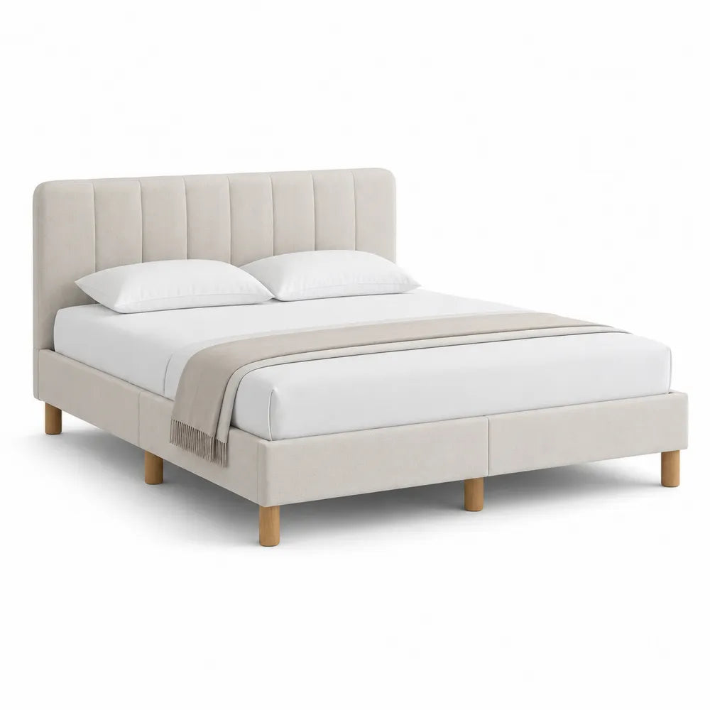 Polsterbett Doppelbett mit gepolstertem Kopfteil Polyester Bezug Massivholz Füße Beige 180 x 200 cm