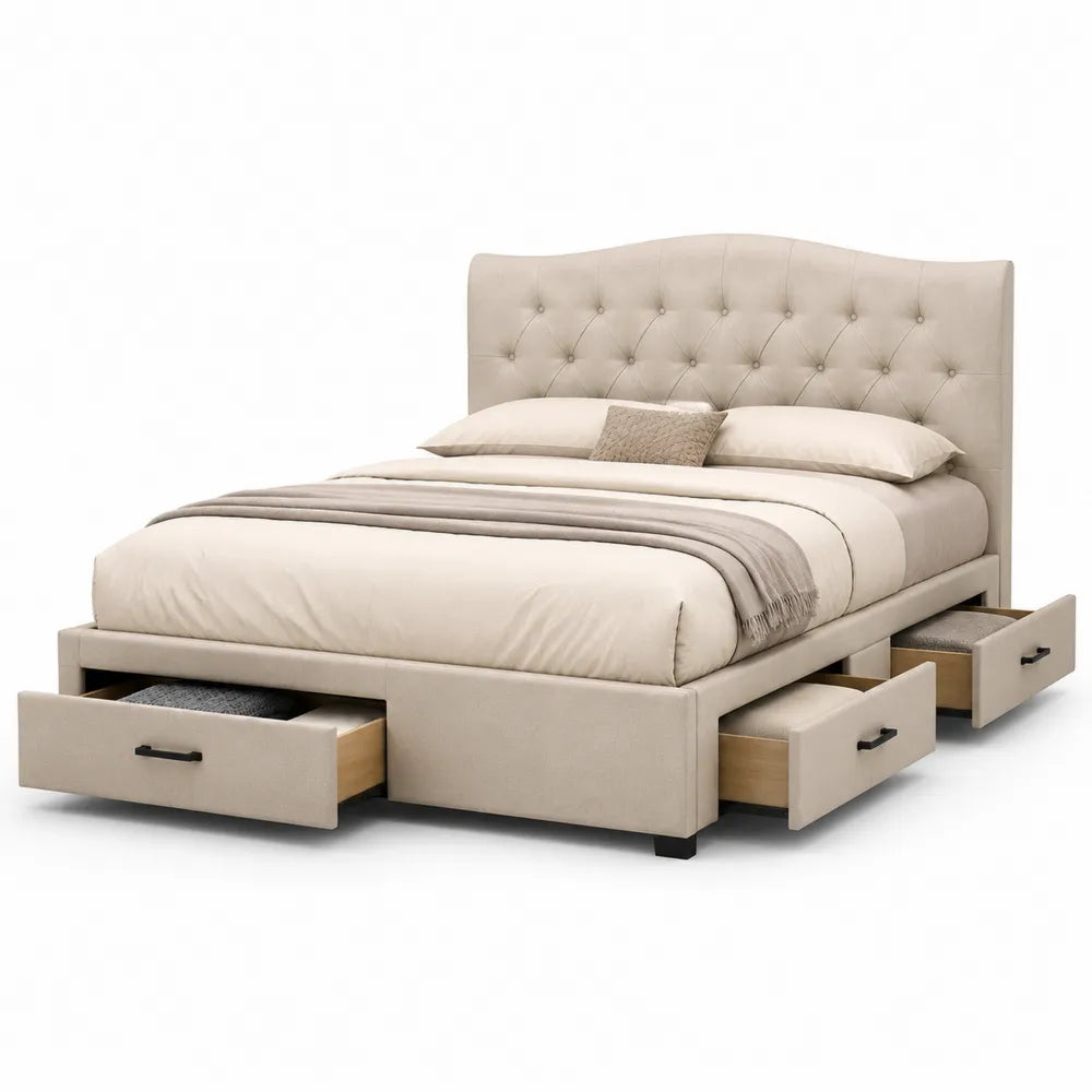 Stauraumbett Doppelbett mit vier Schubladen gepolstertem Kopfteil Polyesterbezug Beige 160 x 200 cm