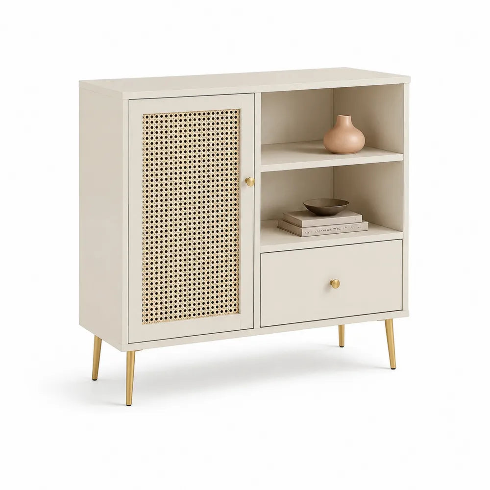 Aufbewahrungsschrank mit Türen Schublade MDF Metallgestell Rechteckig Beige Gold 120 cm x 40 cm x 100 cm